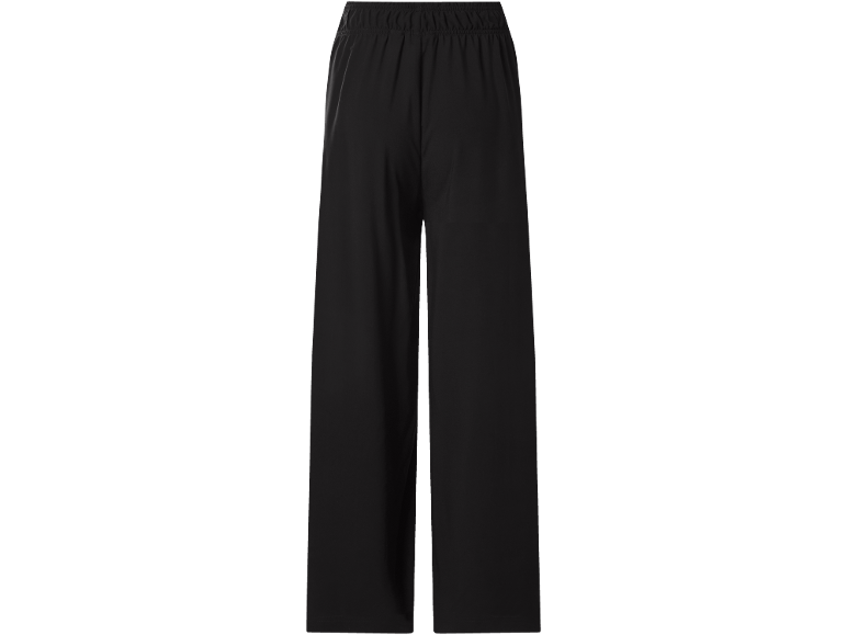 Pantaloni neri a gamba larga con elastico in vita, vista posteriore.