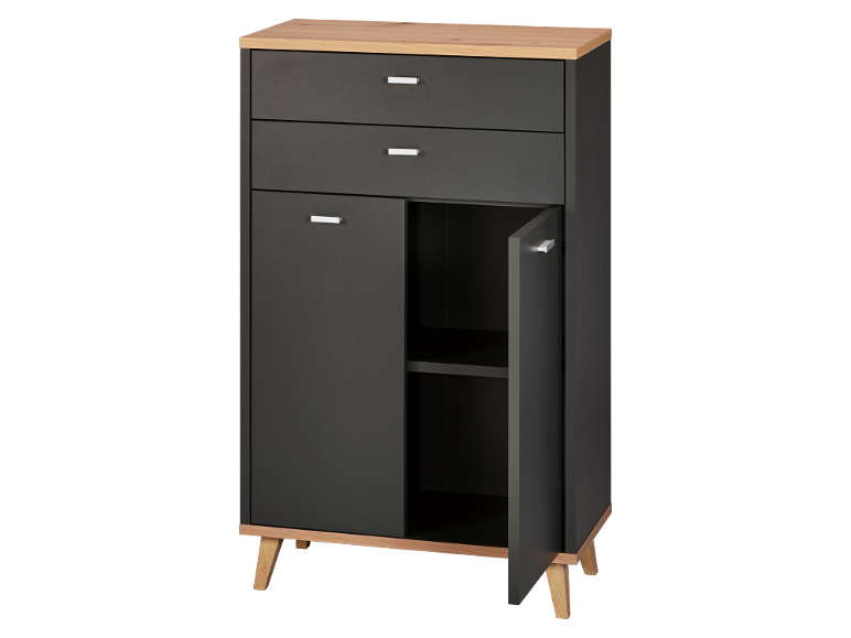 Cassettiera grigio scuro con piano in legno, tre cassetti e un armadietto con ripiano.