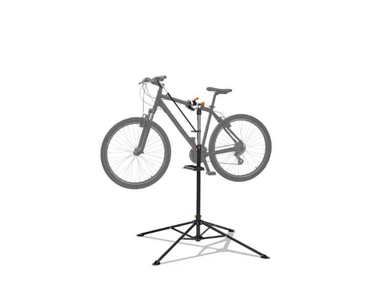 Bicicletta grigia su cavalletto di riparazione nero con dettagli arancioni.