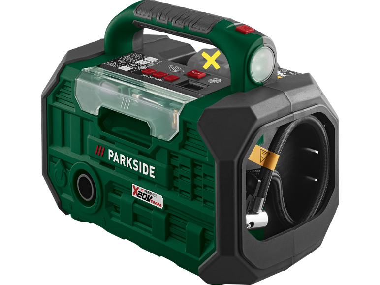 Compressore portatile verde e nero con maniglia, luce e tubo riposto.