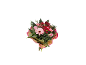 Bouquet di fiori misti rosa e rossi con gerbere e crisantemi, avvolto in carta marrone.