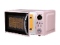 Forno a microonde rosa con sportello aperto e display digitale che mostra le 14:00.