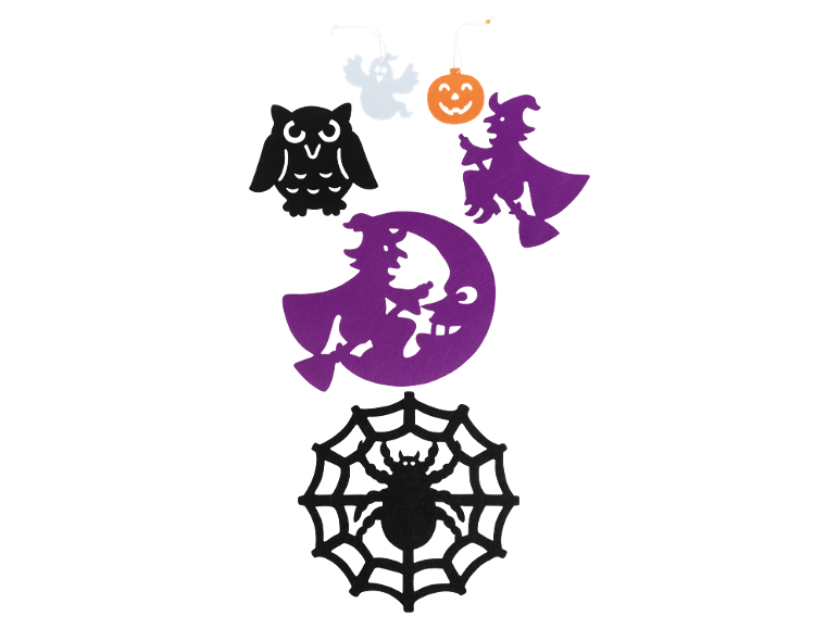 Decorazioni di Halloween in feltro: gufo, fantasma, zucca, strega e ragnatela.