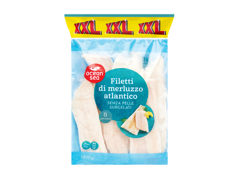 Confezione di filetti di merluzzo atlantico senza pelle, surgelati, 8 porzioni, 1200g.