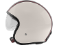Casco moto jet crema con visiera trasparente e striscia rossa.