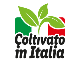 Sigillo 'Coltivato in Italia' con la bandiera italiana e foglie verdi.