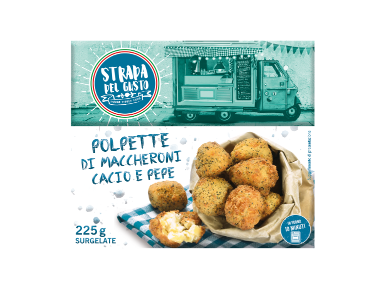 Polpette di maccheroni cacio e pepe, 225 g, surgelate, pronte in 10 minuti al forno.