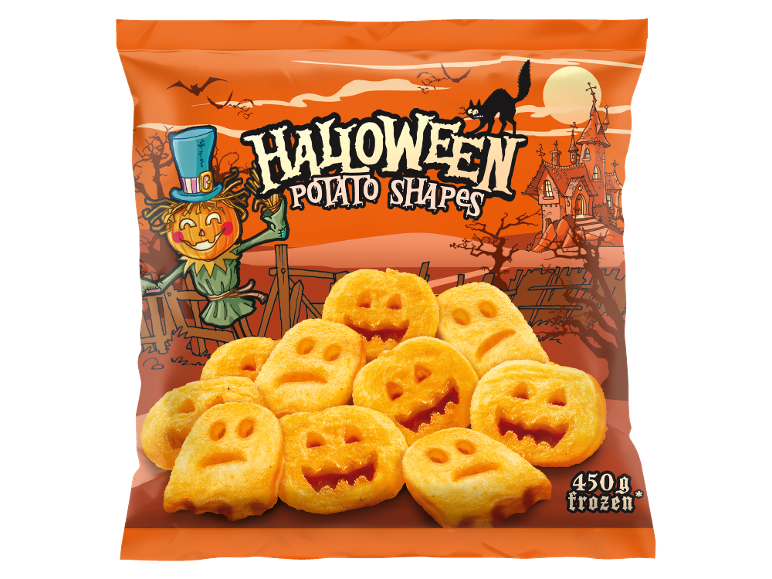Patate fritte a forme di Halloween: zucche e fantasmi, con sfondo a cartone animato.