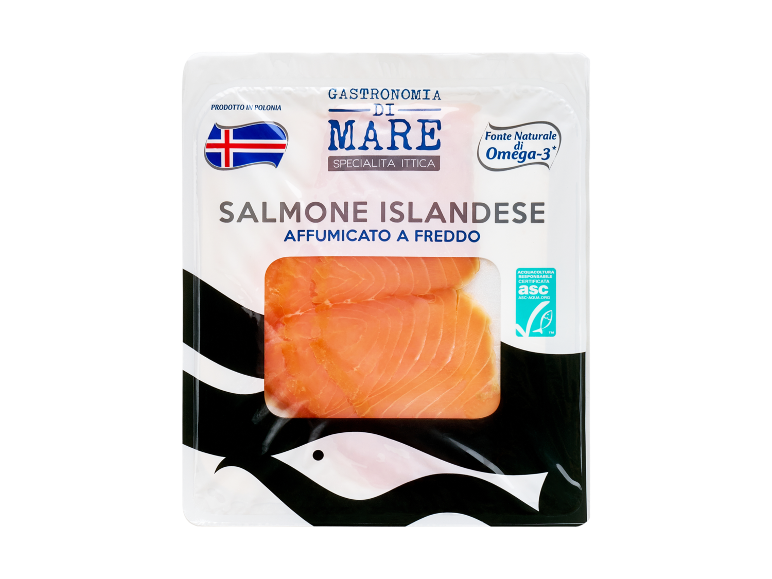 Salmone islandese affumicato a freddo confezionato, ricco di Omega-3, con certificazione ASC.