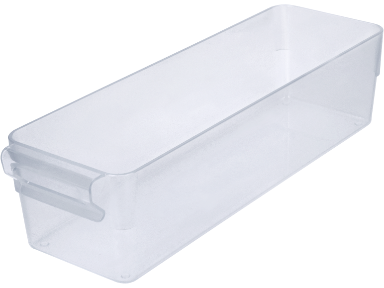 Contenitore organizer in plastica trasparente per frigorifero o dispensa.