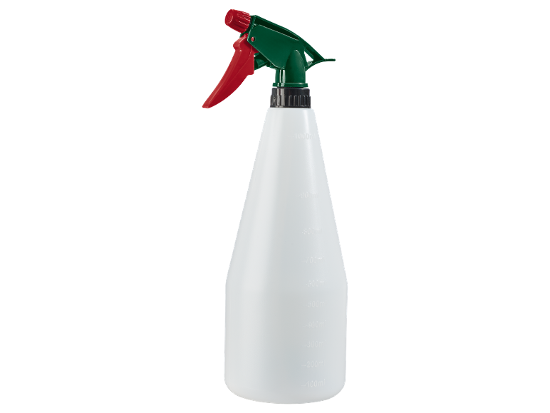 Flacone spray in plastica bianca con grilletto rosso e ugello verde, con scala graduata.