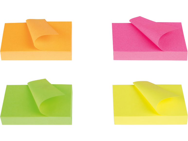 Quattro blocchetti di post-it colorati in arancione, rosa, verde e giallo.