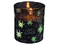Candela di Halloween con ragni che si illuminano al buio e ragnatele, con la scritta 'Happy Halloween!'.