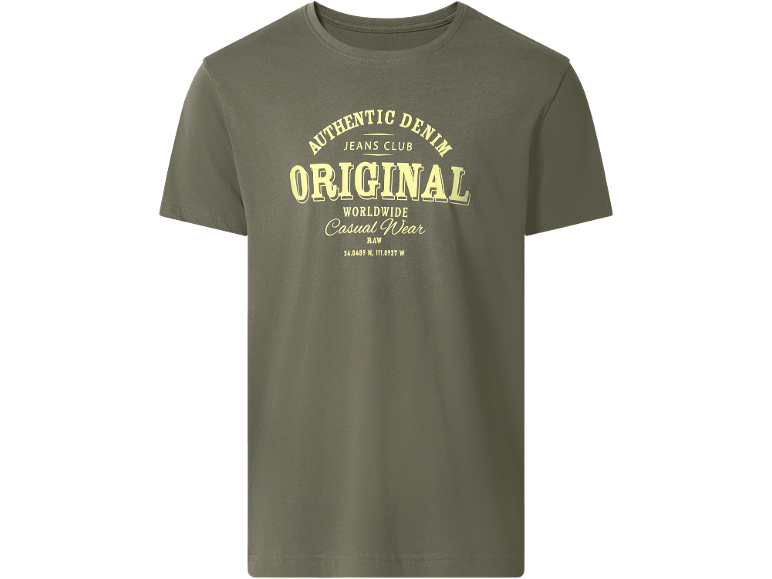 Maglietta verde con stampa 'AUTHENTIC DENIM ORIGINAL CASUAL WEAR' sul petto.