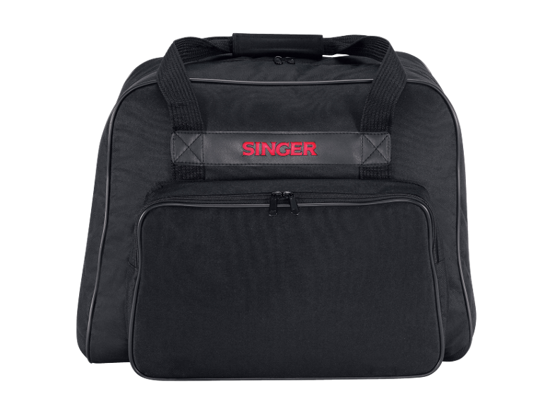 Borsa da trasporto nera per macchina da cucire con tasca frontale e maniglia superiore.