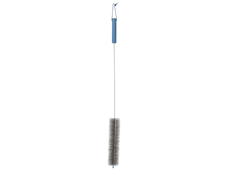 Spazzola blu per bottiglie con manico lungo e setole grigie.