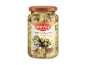 Vaso di carciofi grigliati a spicchi in olio di semi di girasole, coltivati in Italia.