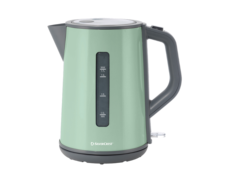 Bollitore elettrico verde con indicatore del livello dell'acqua e dettagli grigi.