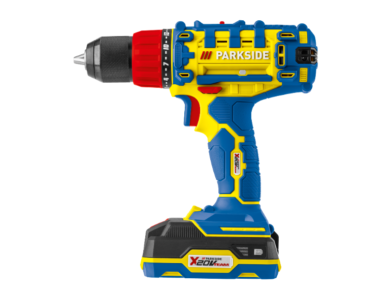 Trapano avvitatore a batteria giallo e blu con mandrino nero e anello di regolazione rosso.