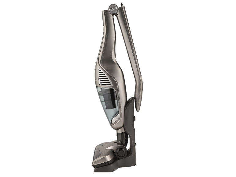 Aspirapolvere a bastone senza fili 2 in 1 grigio con contenitore trasparente per la polvere.
