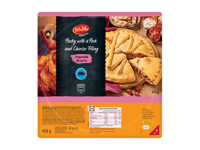 Empanada con ripieno di maiale e chorizo, con illustrazione di una ballerina di flamenco.