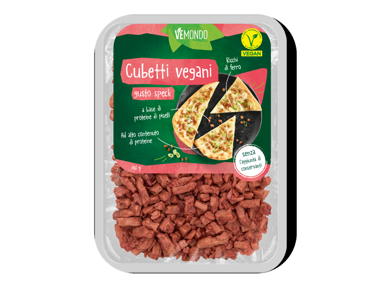 Confezione di cubetti vegani gusto speck, ricchi di proteine e ferro, senza conservanti.