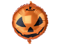 Palloncino arancione in lamina a forma di zucca con una faccia di Jack-o'-lantern intagliata.