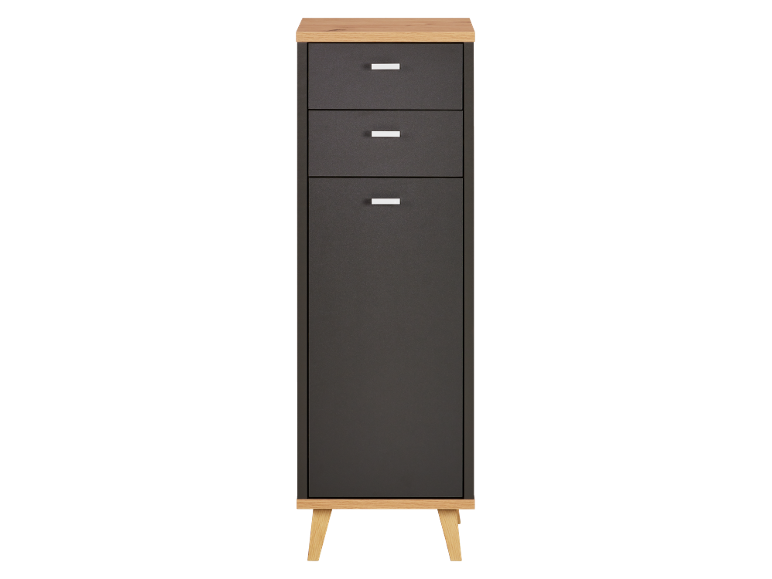 Comò moderno grigio con tre cassetti e gambe in legno chiaro.