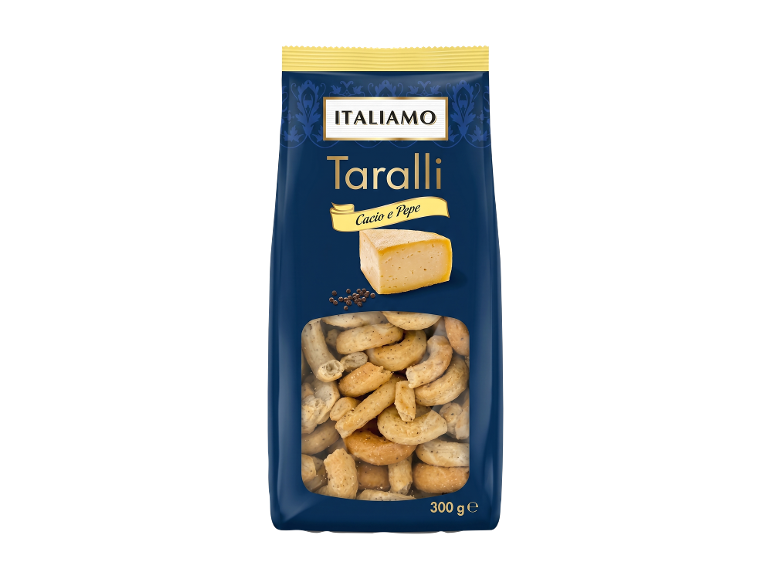 Confezione di taralli al gusto cacio e pepe, con finestra che mostra il contenuto.