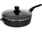 Padella nera con coperchio in vetro e manico ergonomico.