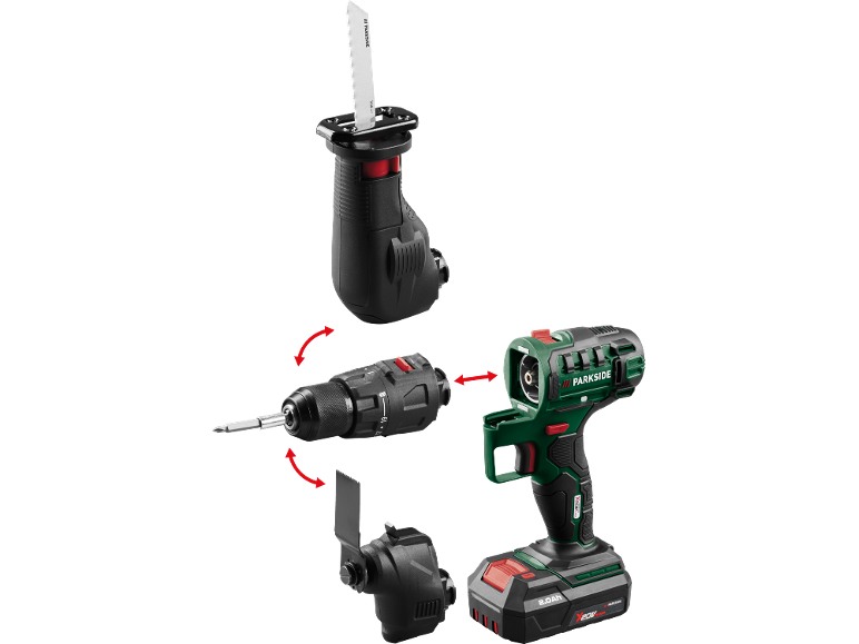 Trapano a batteria con accessori intercambiabili per segare, forare e levigare.