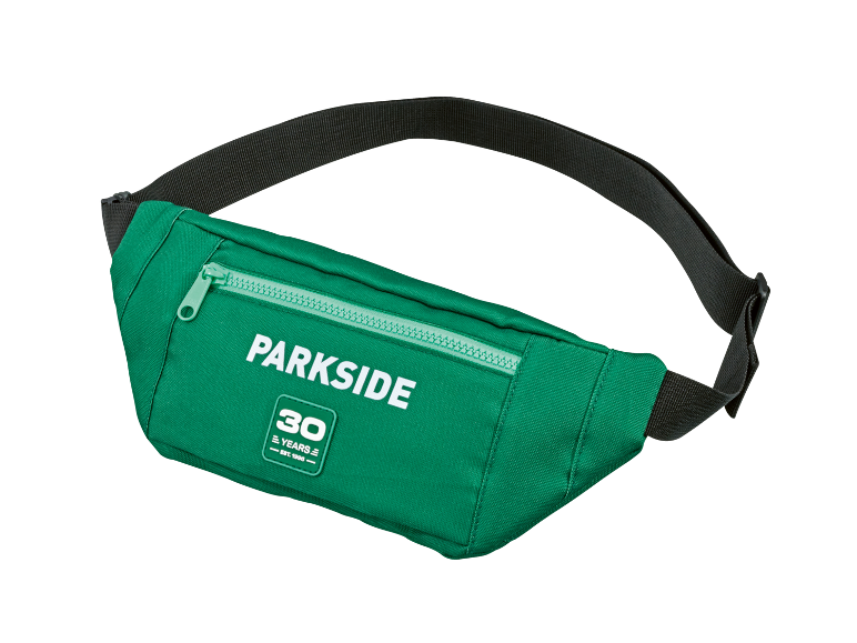 Marsupio verde con cerniera e tracolla nera, con la scritta 'PARKSIDE 30 YEARS EST. 1996'.