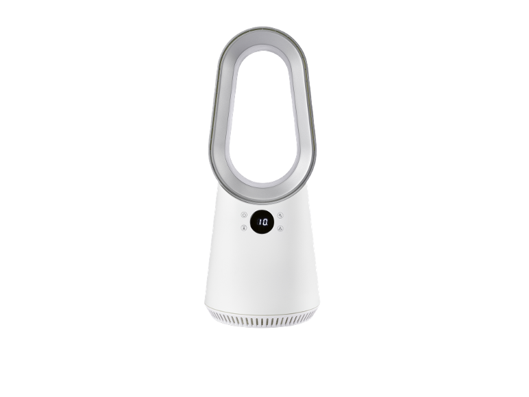 Ventilatore bianco senza pale con display digitale che mostra «10».