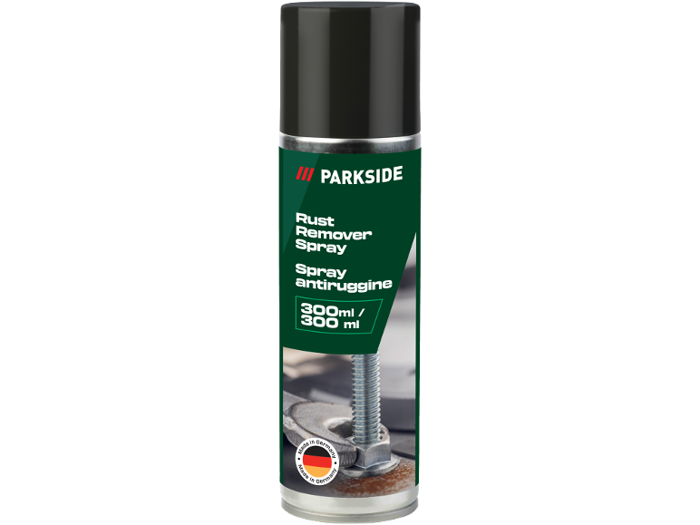 Spray antiruggine da 300 ml, prodotto in Germania, con un bullone arrugginito alla base.
