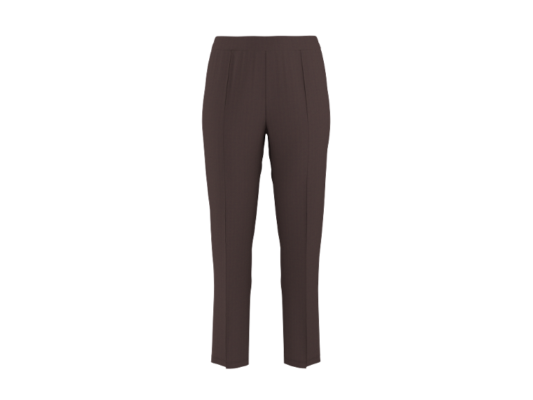 Pantaloni da donna marroni con elastico in vita e pieghe frontali.