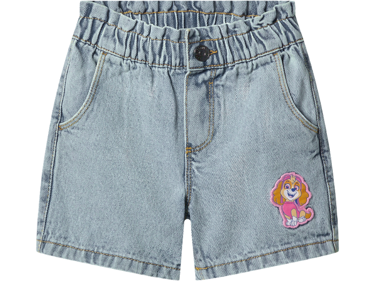Pantaloncini di jeans per bambina con elastico in vita e applicazione di cagnolino rosa.