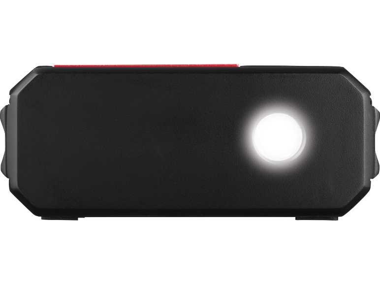 Caricabatterie portatile nero con torcia integrata.