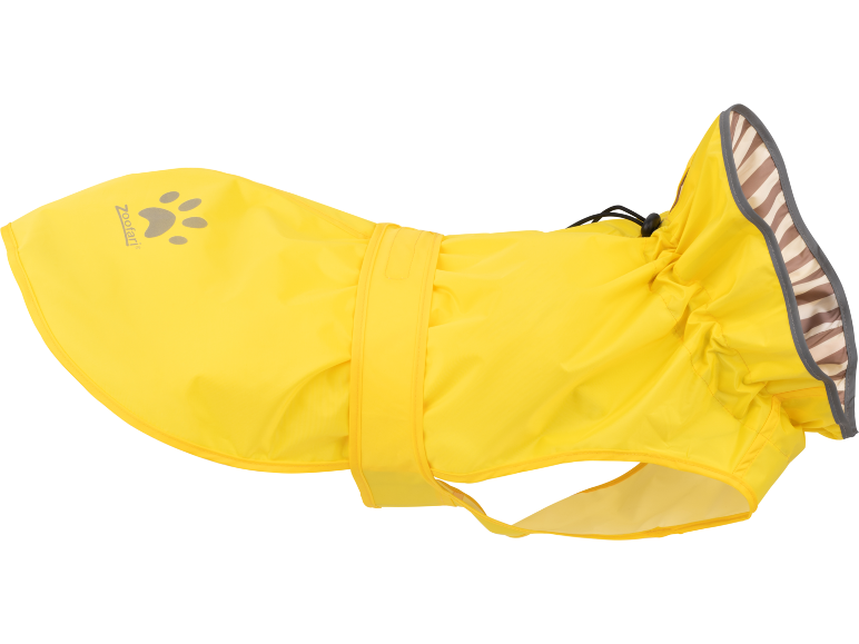 Impermeabile giallo per cani con impronta di zampa e fodera a righe.