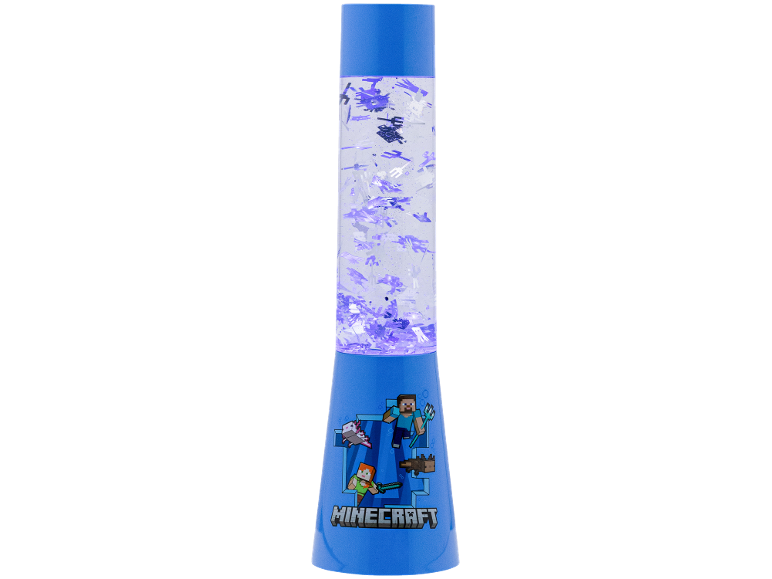 Lampada lava blu con forme viola fluttuanti e personaggi pixelati alla base.