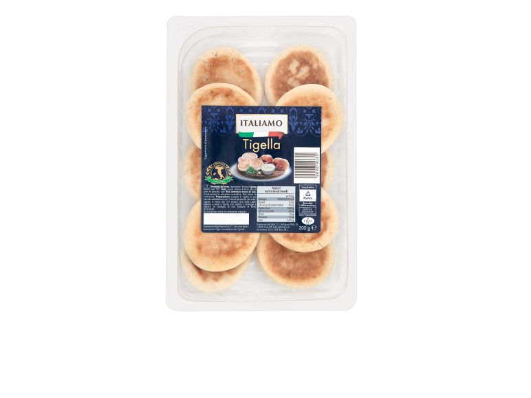 Pane rotondo tigella confezionato, con informazioni nutrizionali e suggerimento di presentazione.