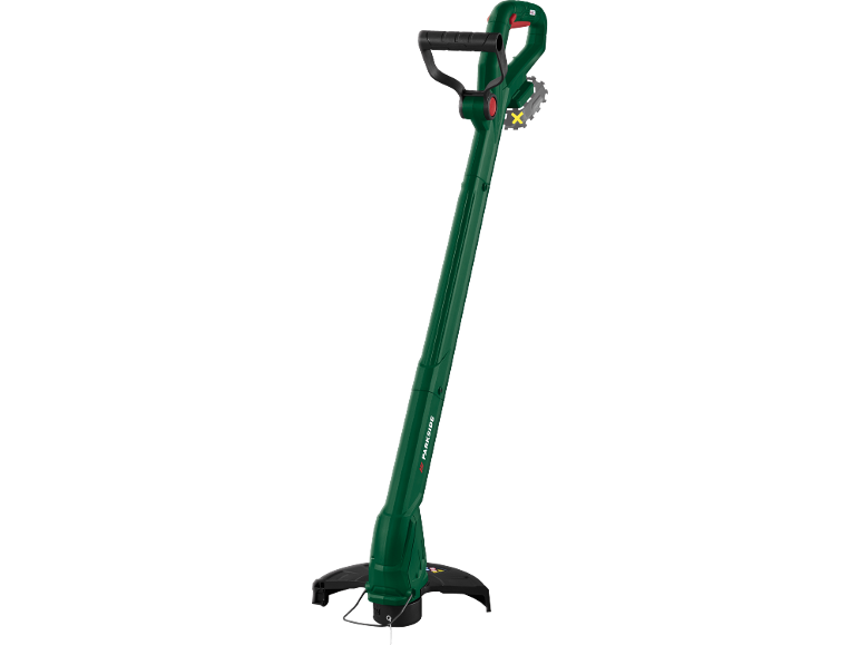 Tagliabordi a batteria verde con impugnatura regolabile e protezione.