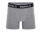 Boxer grigi con elastico in vita nero e testo bianco.