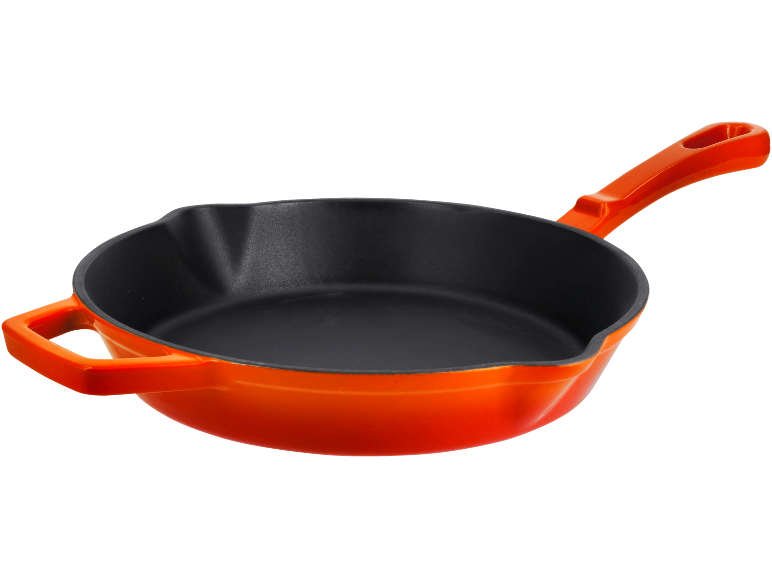 Padella in ghisa arancione con interno nero.