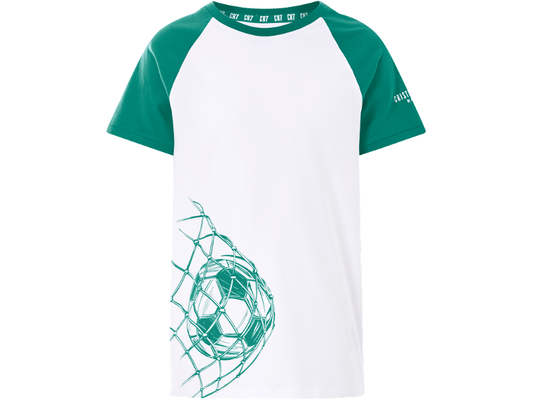 Maglietta bianca e verde con maniche raglan e stampa di pallone da calcio in rete.