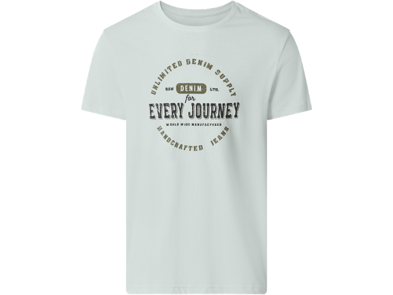 Maglietta bianca con stampa 'UNLIMITED DENIM SUPPLY for EVERY JOURNEY'.