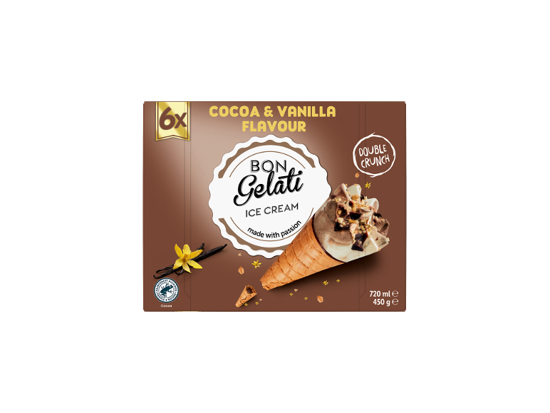 6x coni gelato cacao e vaniglia con doppio croccante, 720ml, 450g.