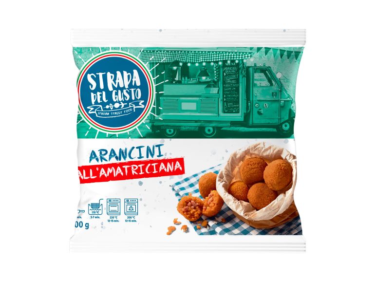 Confezione di arancini all'amatriciana con istruzioni di preparazione e grafica di food truck.
