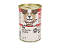 Lattina di cibo per cani con un cane a fumetti, etichettata 'Adult Bocconcini in Salsa' per cani mini, midi e maxi.