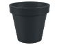 Vaso di fiori in plastica grigio scuro su sfondo nero.