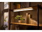 Luce LED sottopensile che illumina uno scaffale con una pianta e libri.